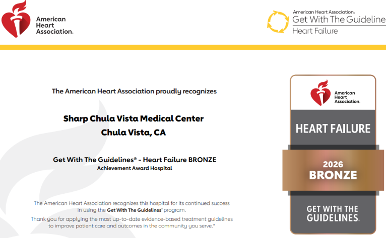 American Heart Association Get With The Guidelines Heart Failure Bronze Award 2026 for Sharp Chula Vista Medical Center